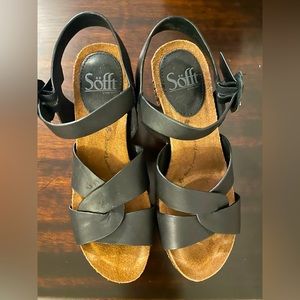 Women’s 6.5 Sofft Casidy Wedge Sandal, Black, Leather, EUC